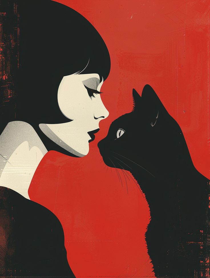 #RetroPoster #Minimalist #BlackCat #WomanWithShortHair #RedColorDetails #GeometricShapes #3:4AspectRatio #TheCandie Cat Art Minimalist, Trafard Print Ideas, Cat And Woman Art, Poster Color Illustration, Cat Profile Illustration, Black Cat Looking Up, Cat Woman And Black Cat, Black Cat Art Cute, Red And Black Drawings