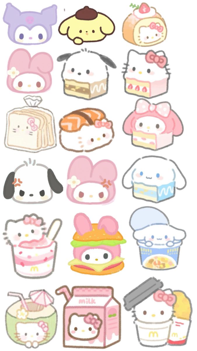 hello kitty stickers with different types of food and animals on it's face