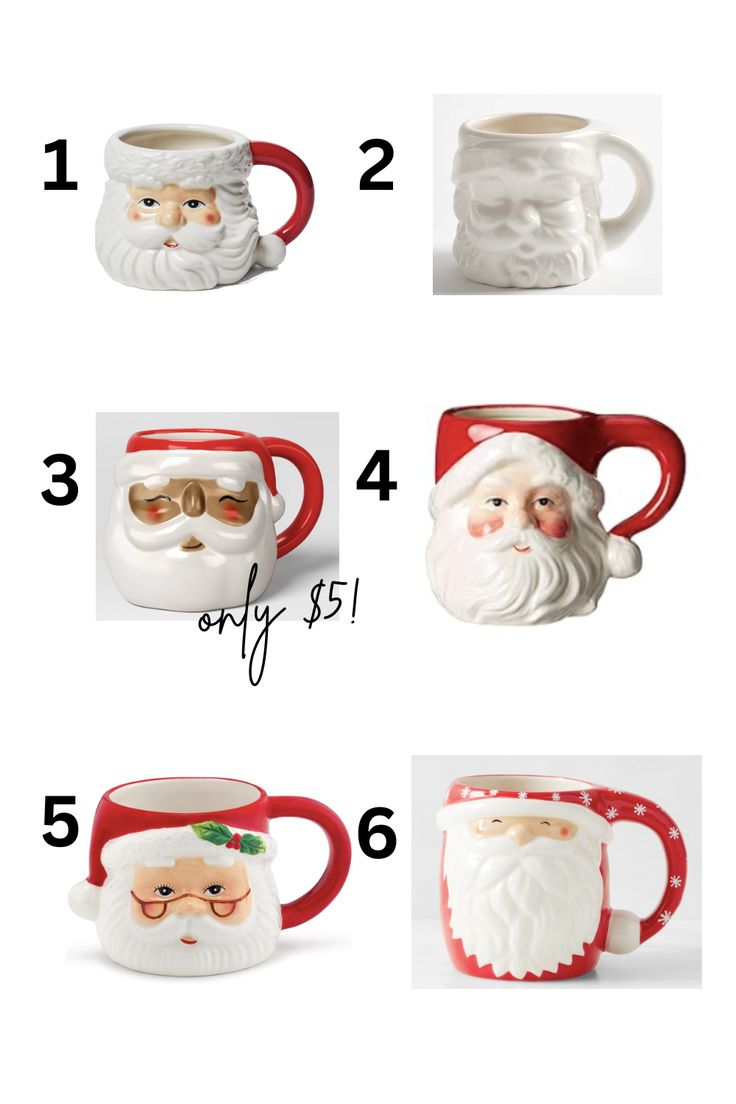 christmas mugs with santa's faces and beards on them, all in different sizes