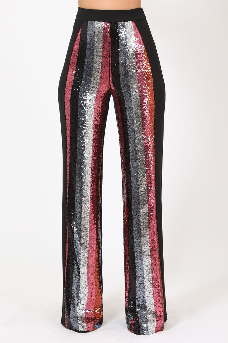 Shine the night away in these colorful sparkle detail pants. -High waist colorful striped sequin pants- Solid color on back w/ zipper - Flared leg design -Stretchy CARE: - Hand wash cold, do not bleach, flat dry Fabric: KNIT AND WOVEN Sequence Pants, Butterfly Stomach, Pants Png, Sequin Pant, Sequin Pants, High Waist Pants, Bell Bottom Pants, Pants Large, Leg Design