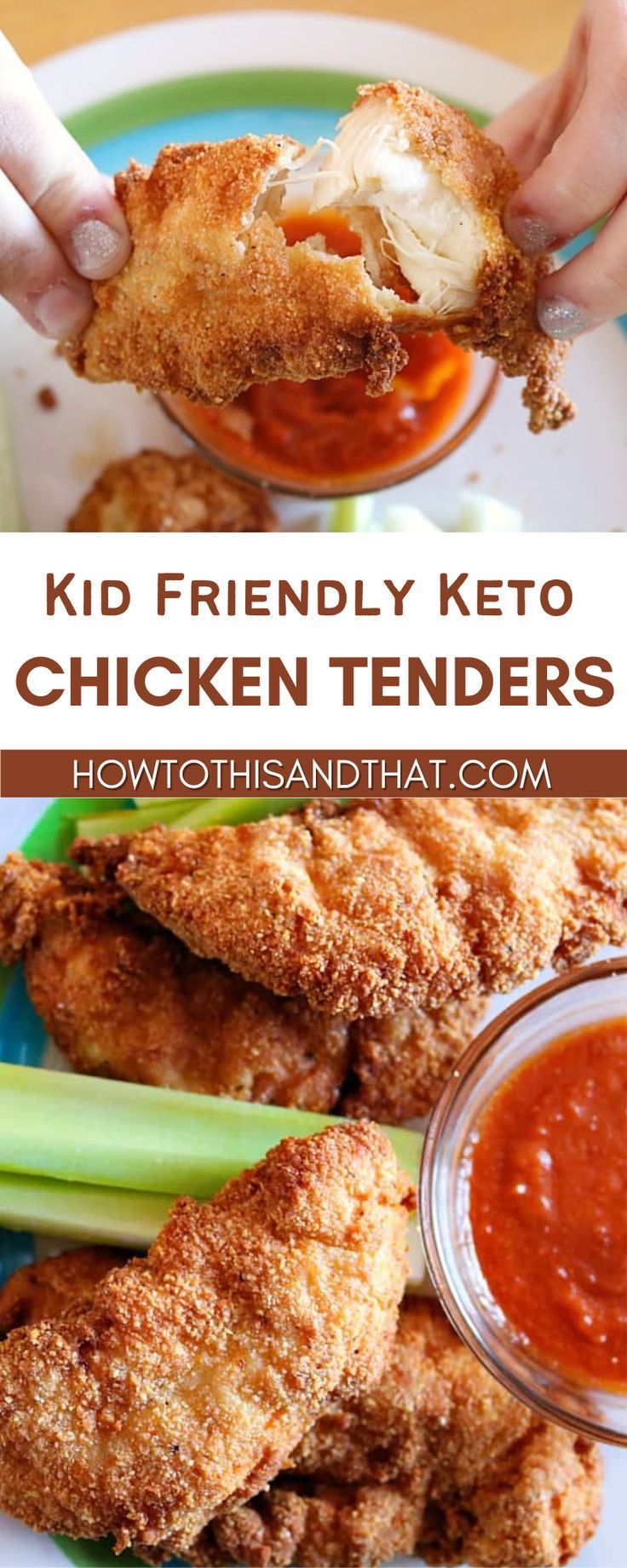 kid friendly keto chicken tenders on a plate with celery