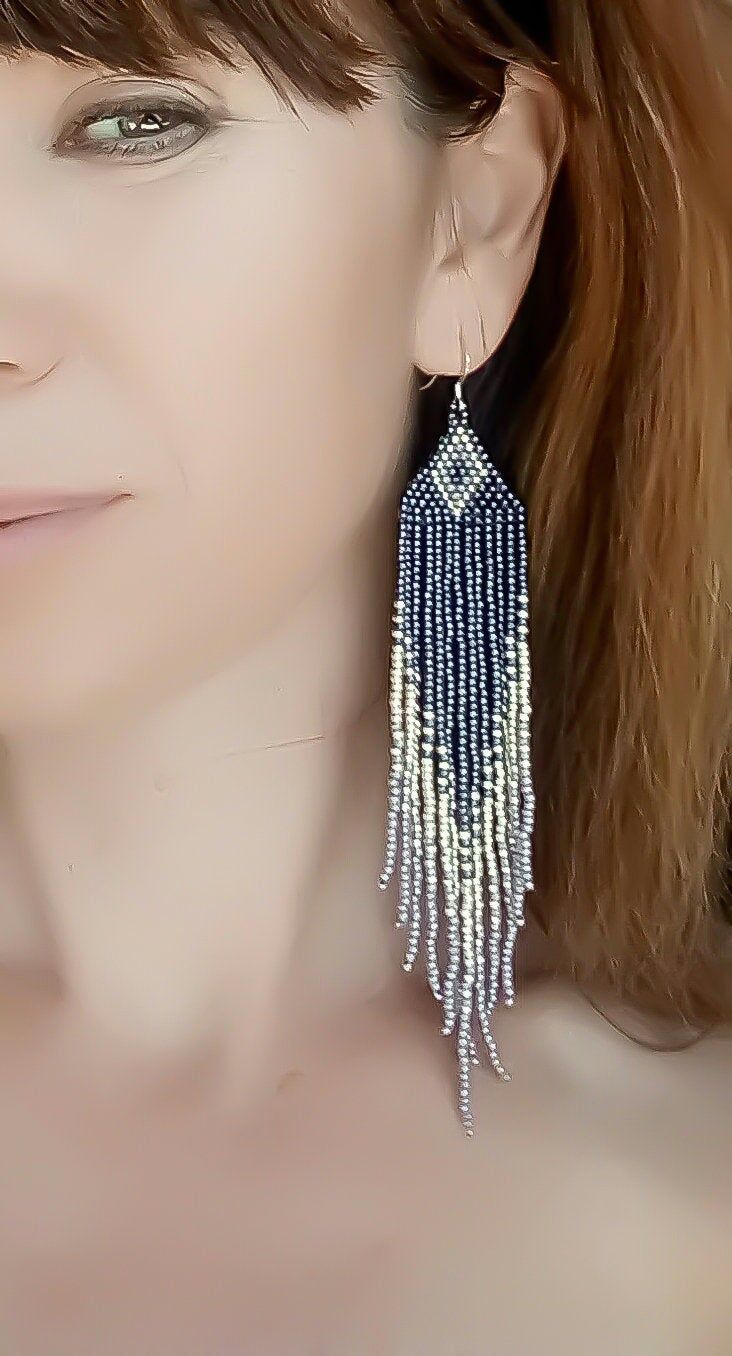 Beaded fringe earrings Gray beaded earrings Ear hook 925 Silver Long earrings Boho earrings Ombre beaded earrings Beadwork jewelry Beautiful beaded earrings with hook sterling silver 925 .Ideally complement the image and emphasize your personality, both on dates and when going to the movies. It is appropriate as an everyday option, and an evening onе. Length : 13 сm( 5,3 inches) Product color may appear different depending on viewer's monitor condition. Shipping parcels from 14 to 45 days. Sent Elegant Handmade Silver Tassel Earrings, Silver Beaded Tassel Earrings, Silver Beaded Tassel Drop Earrings, Elegant Dangle Chandelier Earrings With Tiny Beads, Elegant Silver Beaded Tassel Earrings, Beaded Silver Tassel Earrings As Gift, Silver Beaded Tassel Earrings As Gift, Silver Beaded Tassel Earrings For Gift, Elegant Tiny Beads Dangle Earrings