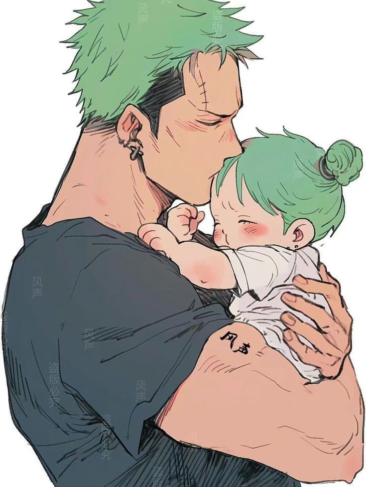 a man with green hair is holding a baby and kissing it's face on his chest