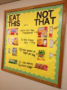 a bulletin board that has some food on it with words written in front of it