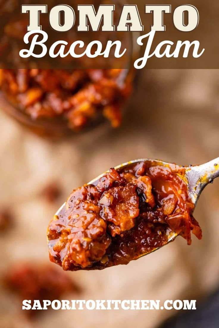 a spoon full of bacon jam with the title above it