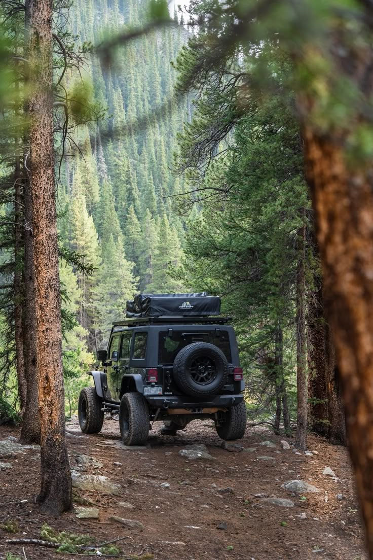 a jeep driving through the woods on a trail