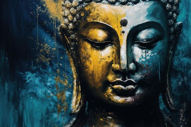 a painting of a buddha head with blue and yellow paint splattered on it