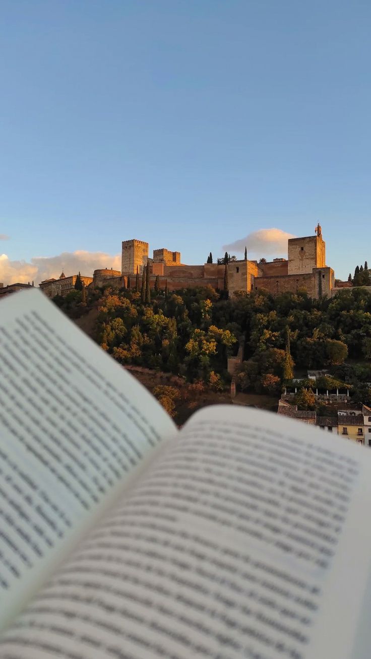 an open book sitting on top of a table next to a forest filled with trees