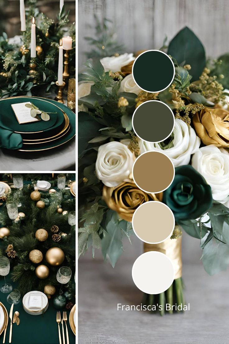 the table is set with green and gold plates, silverware, flowers, greenery and candles