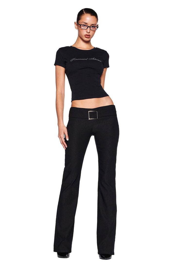 Details Best-selling Sharah Pant in a new black colourway Black belted suit pants Low rise waistline with fitted silhouette Featuring self fabric belt with silver buckle detail Center back invisible zipper closure Unlined - This fabric is not sheer Recommended Underwear: Due to the low-rise, we recommend wearing this garment with a seamless low-brief Size and Fit True to size. We recommend wearing your standard size Low Rise Waist - Sits approximately 12cm below smallest point of waist Flared le Pants Low Rise, Festival Jacket, Low Rise Pants, Office Pants, Shop Pants, Belted Pants, Suit Pants, Fabric Belt, Festival Dress