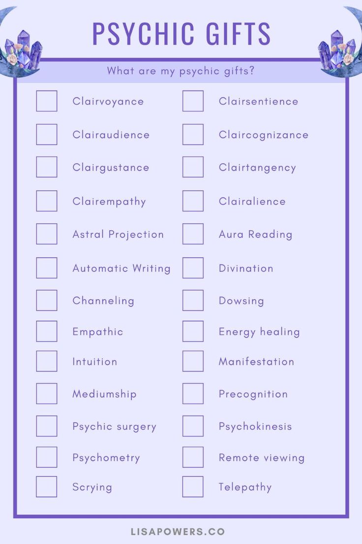 the psychic gift checklist is shown in purple and blue with an angel above it