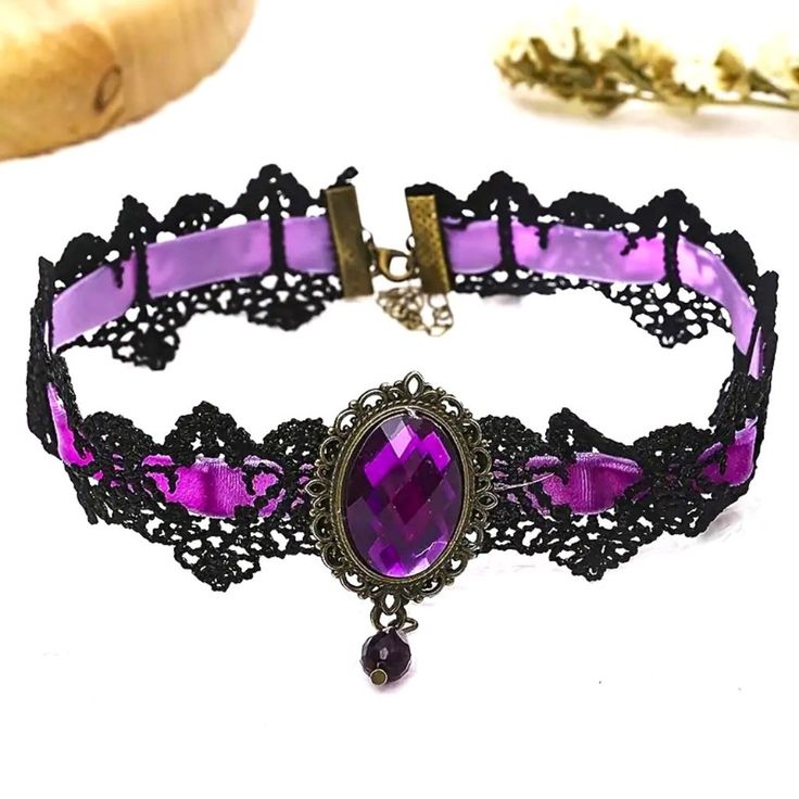 Lace Choker Necklace Sexy Jewel Goth Rave Punk Scene Costume Role Play Black Purple Brand New In Original Package No Tags Attached Great Gift Black Lace Purple Ribbon & Jewel **Check Out Y Other Items...Bundle & Save $$ On Shipping**Ndle (T78137) Tags Home, Country ,Collectable, Vintage, Figurine ,Office, Boho, Hippie, Stylish, Gift, Fashion, Surfer, Vacation, Beach, Unisex, Vegan, Minimalist, Western, Southwest, Native American, Mid Century, Retro, Chic,, Victoria's Secret, Sexy, Love, Mcm, 50' Adjustable Gothic Choker For Costume Party, Gothic Purple Metal Jewelry, Emo Metal Choker For Party, Gothic Purple Necklace For Party, Purple Gothic Necklace For Party, Emo Choker For Halloween Party, Adjustable Pink Jewelry For Cosplay, Emo Halloween Party Necklaces, Emo Halloween Party Choker