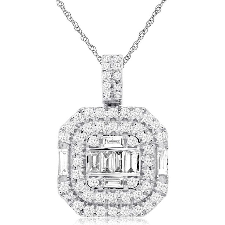 Royal 14K White Gold 0.75 Carat Diamond Pendant Formal Emerald Cut Diamond Necklace With Diamond Accents, Formal Emerald Cut Diamond Necklace With Accents, Emerald Cut Diamond Necklace With Accents For Formal Events, Elegant White Baguette Cut Diamond Necklace, Luxury Emerald Cut Diamond Necklace For Formal Events, Luxury Emerald Cut Diamond Necklace For Formal Occasions, Evening Brilliant Cut Diamond Pendant Necklace, Elegant Emerald Cut Diamond Necklace With Prong Setting, Elegant Vvs Clarity Emerald Cut Diamond Necklace