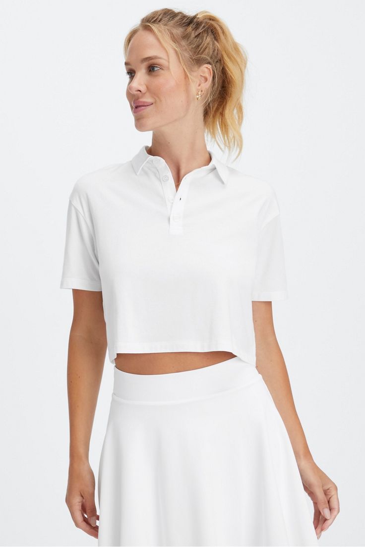 Boxy Short-Sleeve Polo Fabletics white female Activewear >> Womens >> Tops >> Short Sleeve T-Shirts >> Short-Sleeve Top regular Golf/Tennis Our semi-cropped polo style Cropped Polo, Cropped Style, Short Sleeve Polo, Active Wear For Women, Pleated Skirt, Short Sleeves Tops, Two Piece Skirt Set, Perfect Fit, Womens Tops