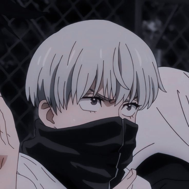 an anime character wearing a face mask and looking at the camera with his hand up