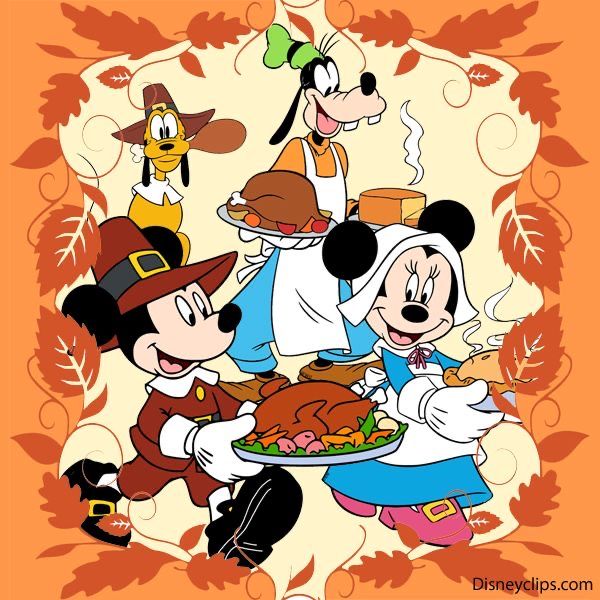 an image of mickey mouse and friends celebrating thanksgiving with turkey on the plate in front of them