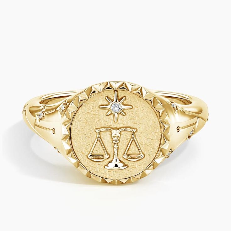 Libra Zodiac Diamond Signet Ring - 14K Yellow Gold. An embossed scale empowers this signet and its wearer with the characteristics of the Zodiac air sign Libra - fashionable, romantic, diplomatic. 
 
 An impression in the symbolic shape of the Libra sign is carved into the textured back side of the signet itself, while a shimmering constellation is formed with diamonds along either side of the design. 

Sol is a collection that invites you to embrace your inner light. By capturing the symbolism Libra Fashion, Libra Ring, Libra Jewelry, Pirates Gold, Lover Necklace, Gold Everything, Diamond Signet Ring, Libra Sign, Lovers Necklace