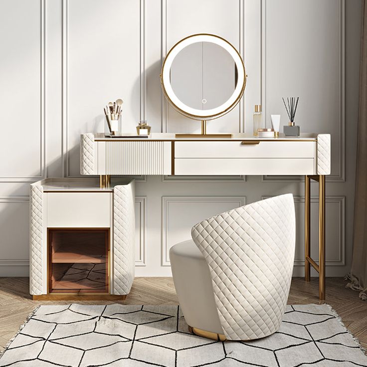 a white desk with a mirror and chair in front of it on top of a rug