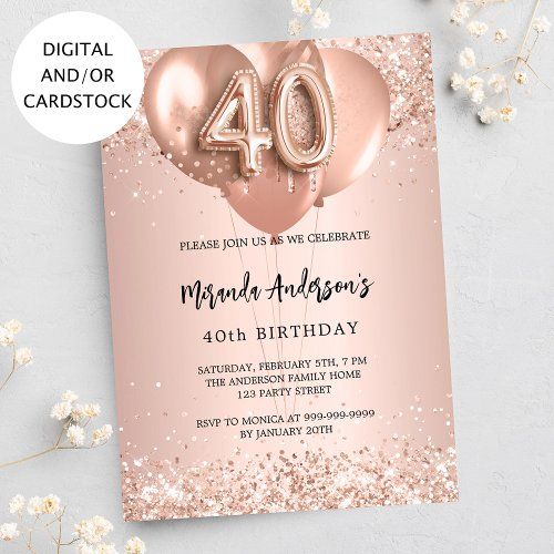 a pink birthday party card with balloons and confetti in the shape of number forty