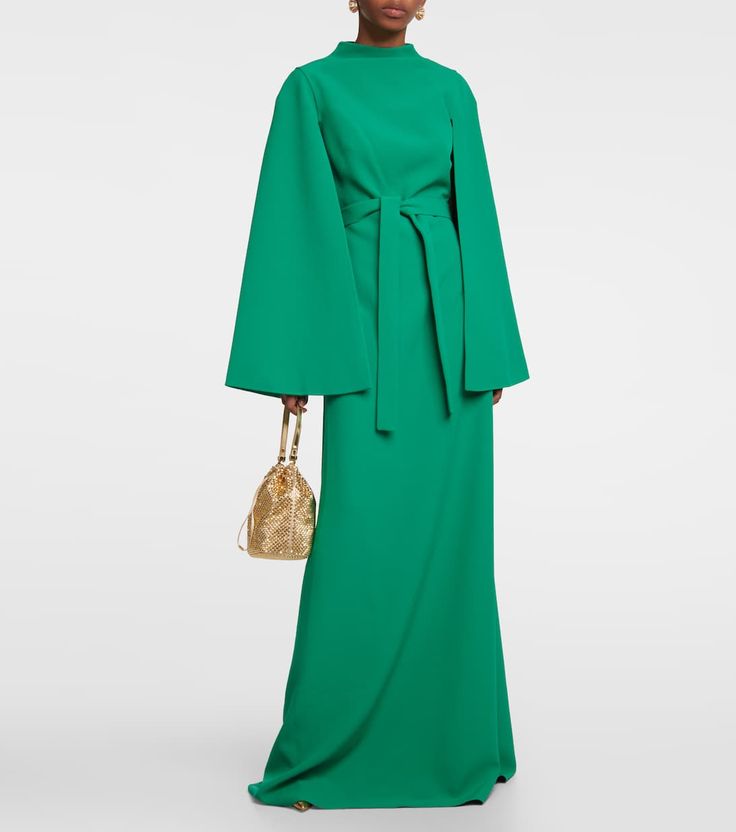 Crepe Maxi Dress in Green - Safiyaa | Mytheresa Green Pre-draped Evening Dress, Elegant Floor-length Green Gown, Green Pre-draped Maxi Evening Dress, Pre-draped Green Evening Dress, Green Pre-draped Evening Gown, Green Fitted Maxi Dress For Gala, Chic Floor-length Gown With Draped Sleeves, Fitted Green Maxi Dress For Gala, Elegant Green Floor-length Gown