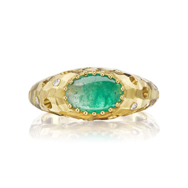 Oculus & Hammered Gypsy Ring with Ombré Oval Emerald Unique Yellow Gold Oval Emerald Ring, Unique Oval Emerald Ring In Yellow Gold, Oval Yellow Gold Emerald Ring With Multi-stone, Oval Yellow Gold Emerald Ring With Multiple Stones, Unique Oval Emerald Ring In 14k Gold, Oval Emerald Ring In 14k Gold, Unique Yellow Gold Oval Dome Ring, Unique Oval Dome Ring In Yellow Gold, Unique Oval Emerald Ring