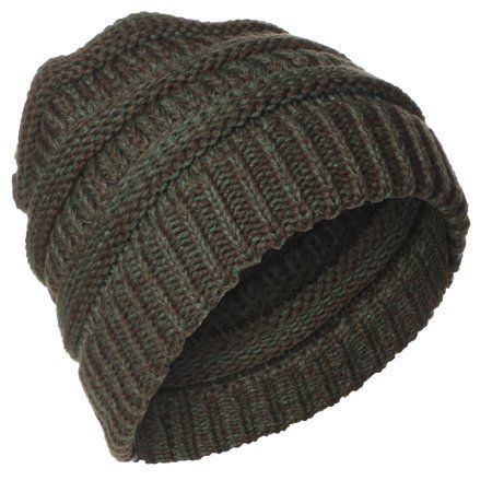 a green knitted beanie hat with an orange patch on the front and side