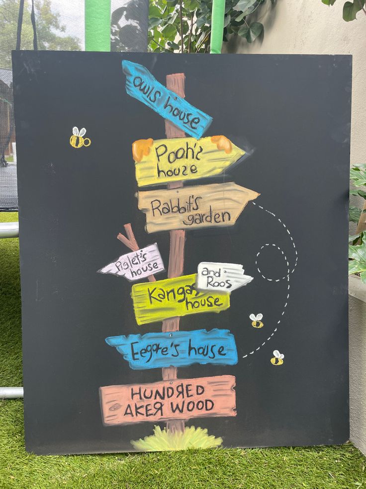 a chalkboard sign with directional signs on it