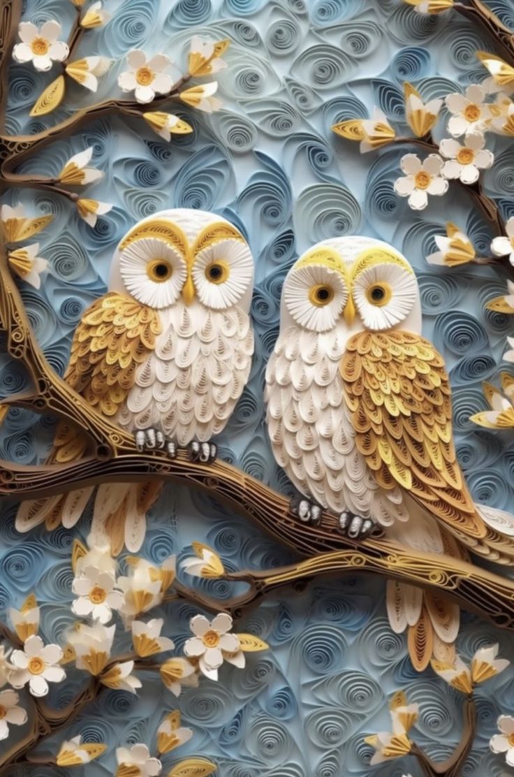 two owls are sitting on a branch with white and yellow flowers in the foreground