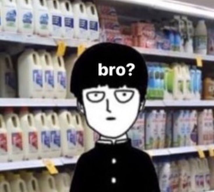 a cartoon character with the words bro? in front of an aisle full of milk