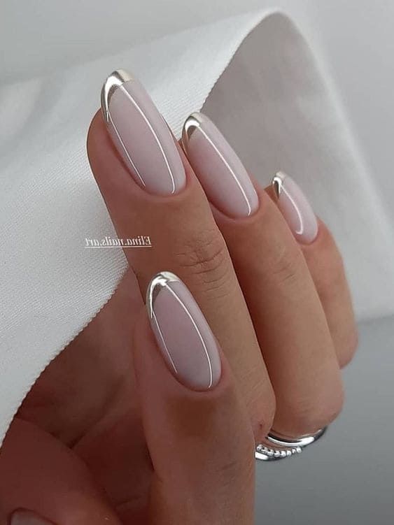 Milky white and silver-chrome French tips Nails For Bride, Wedding Nails French, Wedding Nails Glitter, Silver Nail, Stylish Nails Designs, Colorful Nails, Wedding Nails For Bride, Wedding Nails Design, Nails Wedding