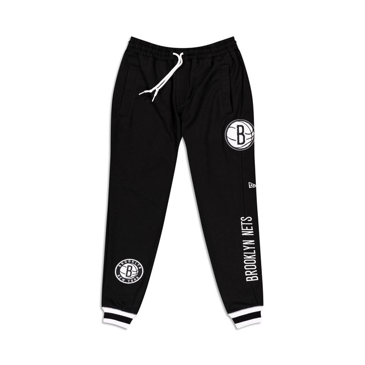 The Brooklyn Nets Logo Select Jogger features a chenille applique Nets logo and embroidered wordmark at the left leg with an alternate team logo at the right ankle. Fabric: 52% polyester, 42% cotton, 6% spandex Black Cotton Bottoms With Logo, Casual Black Bottoms With Logo, Sportswear Logo Print Bottoms For Streetwear, Cotton Sportswear Bottoms With Logo Print, Athleisure Cotton Bottoms With Logo Print, Cotton Athleisure Bottoms With Logo Print, Cotton Sweatpants With Logo Detail For Streetwear, Black Logo Detail Sweatpants For Sports, Black Sports Sweatpants With Logo Detail