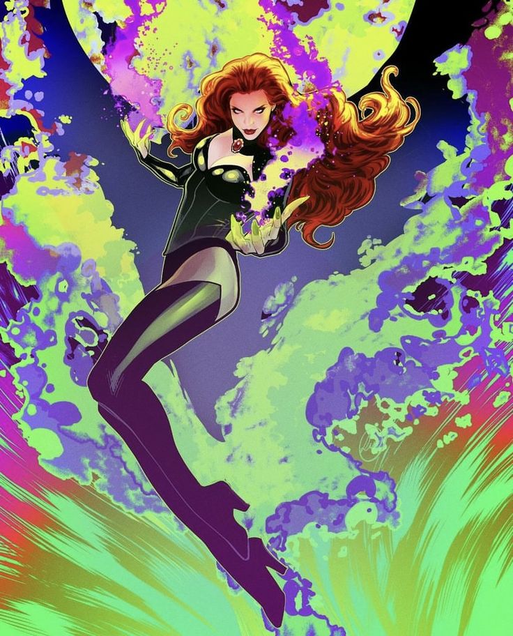 a woman with long red hair is flying through the air in front of an abstract background