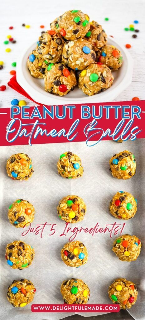 peanut butter oatmeal balls are on a baking sheet with the title above it