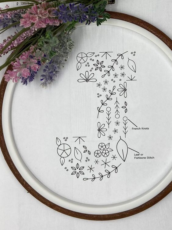 a cross stitch pattern on a hoop with flowers in the middle and an embroidered letter