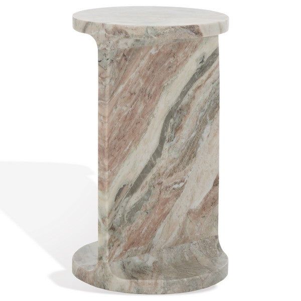 a marble pedestal with a white base and brown veining on the top, standing in front of a white background