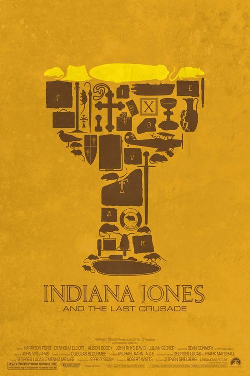 the poster for indiana jones and the last crusade is shown in yellow with brown accents