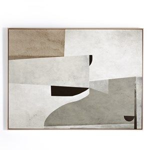 an abstract painting on the wall with white and gray colors, including black and grey shapes