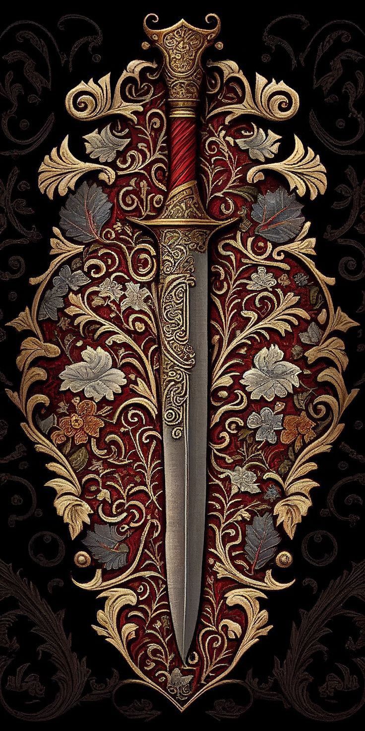 a large knife with ornate designs on it