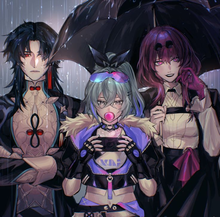 three anime characters standing in the rain with umbrellas over their heads and one holding a cell phone