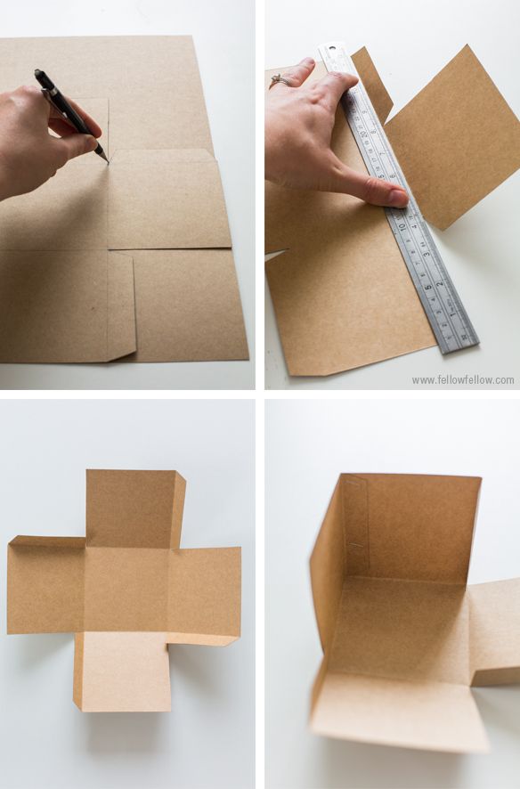 four pictures showing how to make a cardboard box