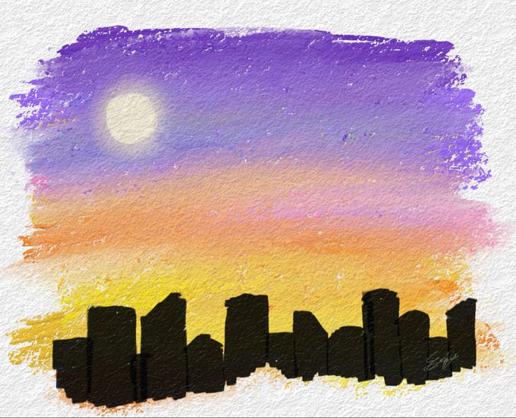 a painting of a city skyline with the moon in the sky