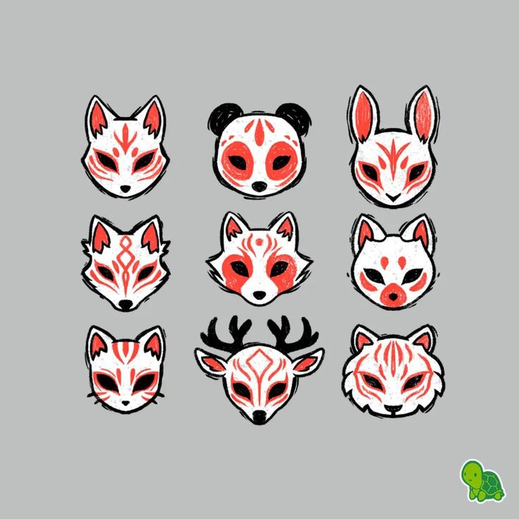 six fox heads with different designs on them