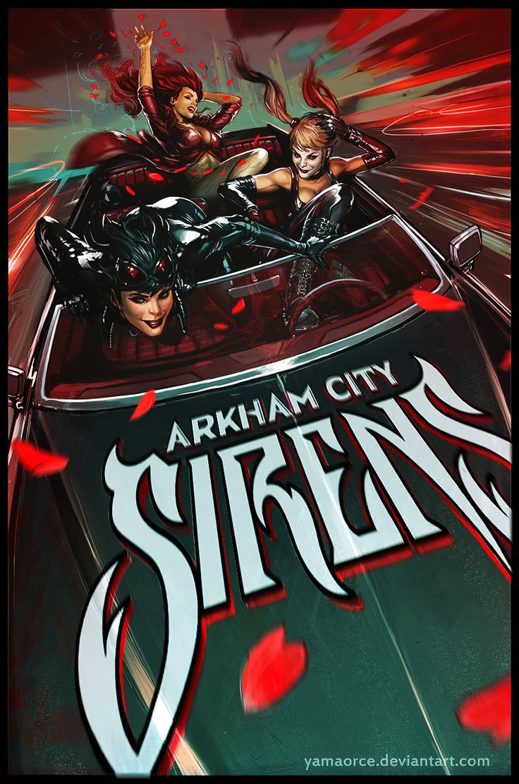 the cover to arkham city sirens, featuring two women riding in a car with red petals