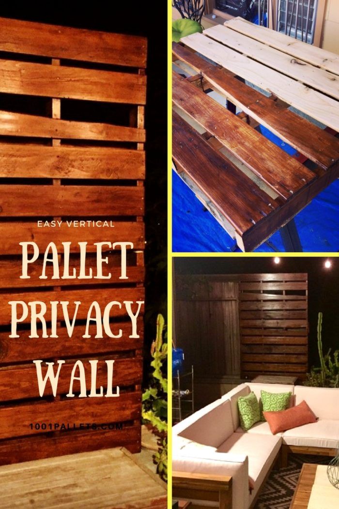 the pallet privacy wall is made out of wood and has different types of furniture