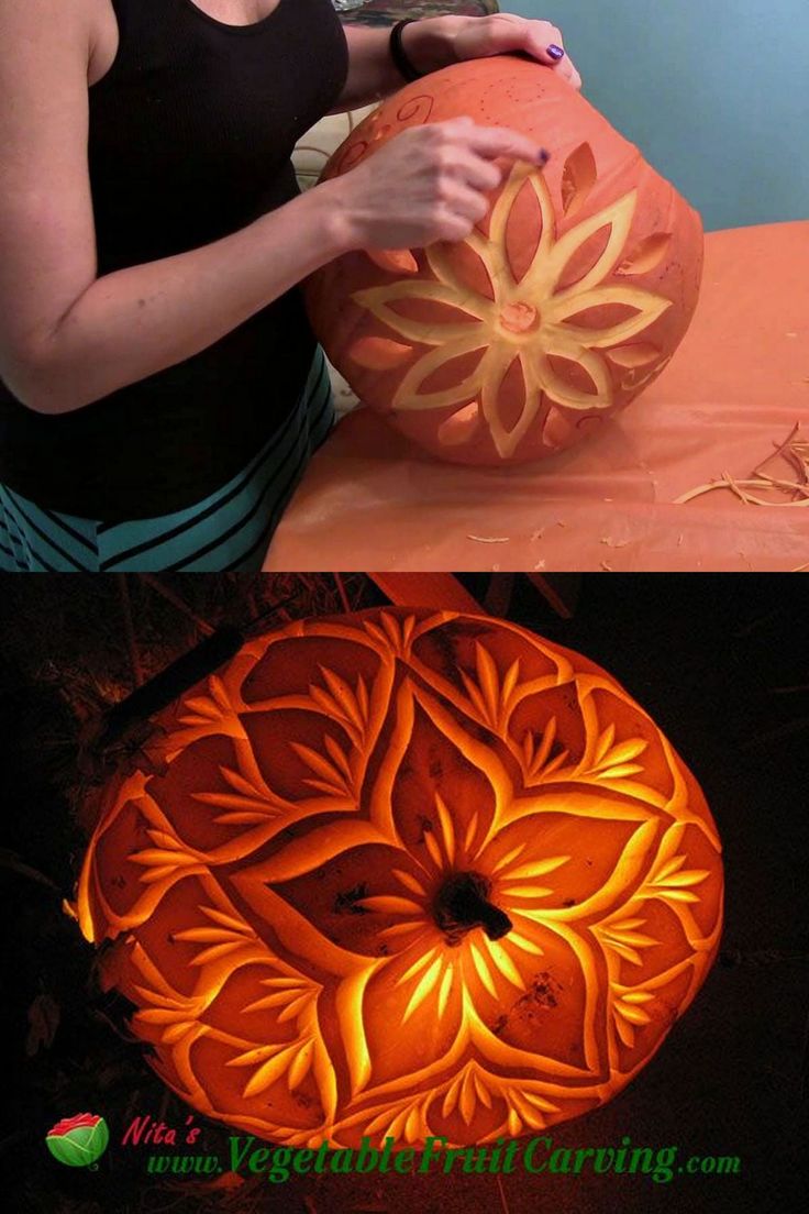 a woman is carving a pumpkin in the shape of a flower