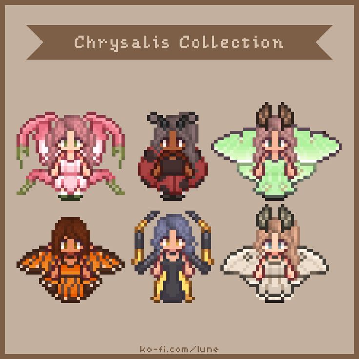 six pixel art style characters in different colors and sizes, with the words chrysais collection