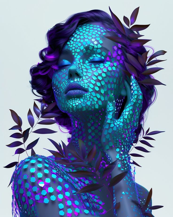 a woman with purple hair and blue skin is surrounded by green leaves on her body