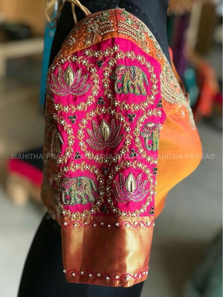 Pinterest: @pawank90 Elephant Design Blouse Work, Elephant Aari Work Blouse, Grand Blouse Designs, Latest Maggam Work, Latest Maggam Work Blouses, Lotus Motifs, Work Blouse Designs, Designs Blouse, Blouse Works