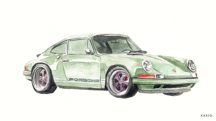 a watercolor drawing of a green porsche