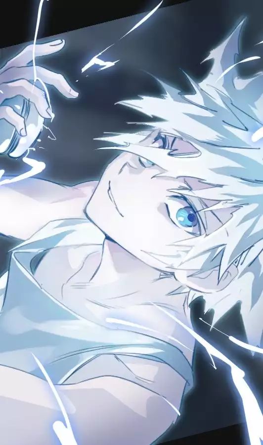 an anime character with white hair and blue eyes is holding his arm up in the air